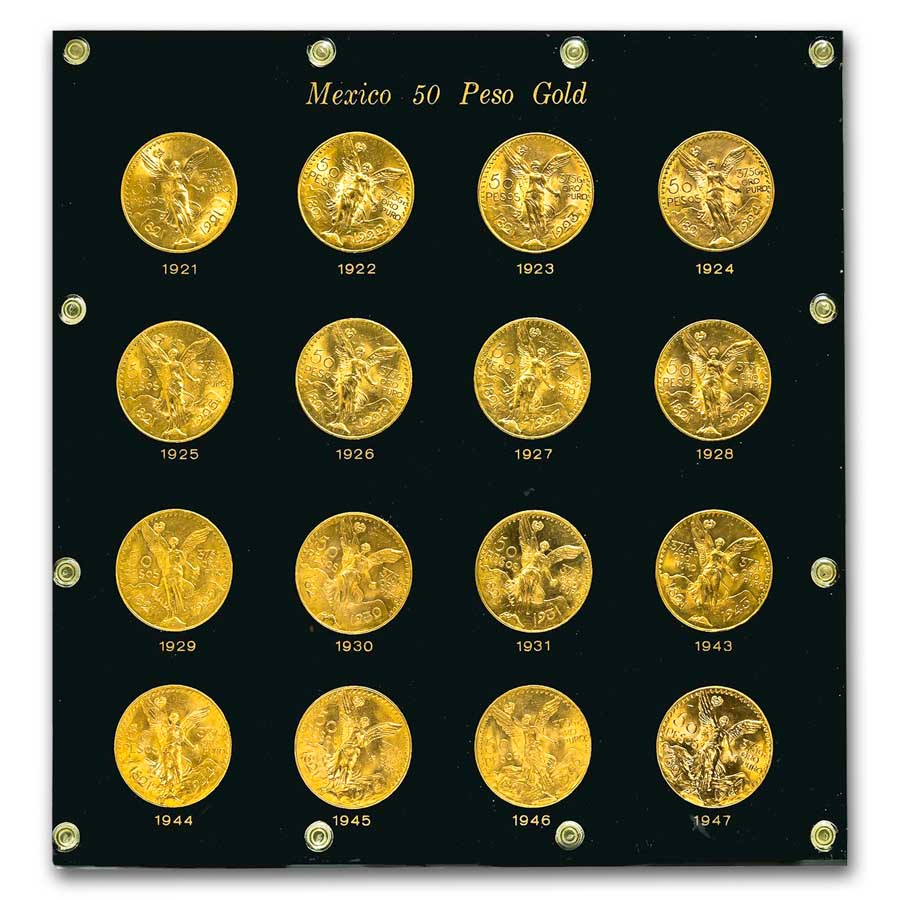 1921-1947 Mexico 16-Coin 50 Pesos Gold Set BU