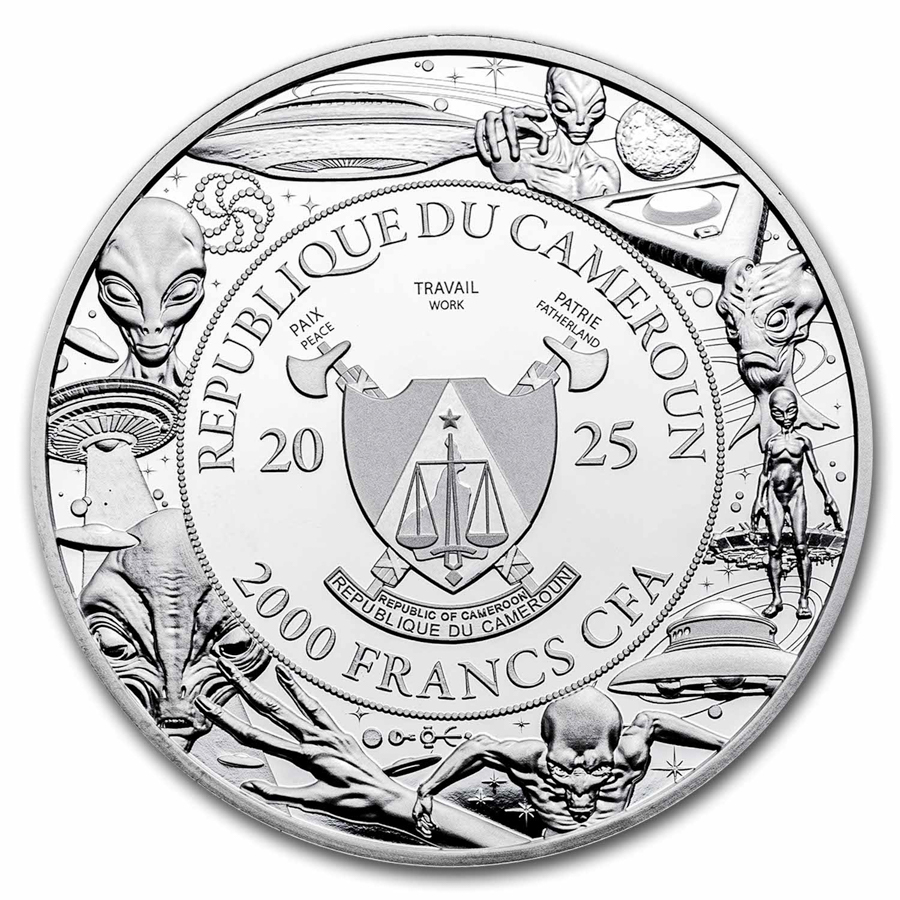 2025 Cameroon 2 oz Silver UFO & Aliens: UFO and Human