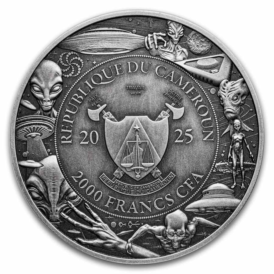 2025 Cameroon 2 oz Silver Antique UFO & Aliens: Alien Face