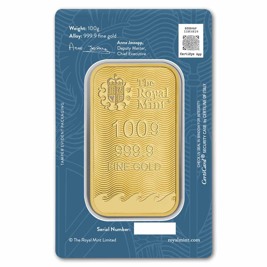 100 gram Gold Bar - The Royal Mint Britannia (New Assay)