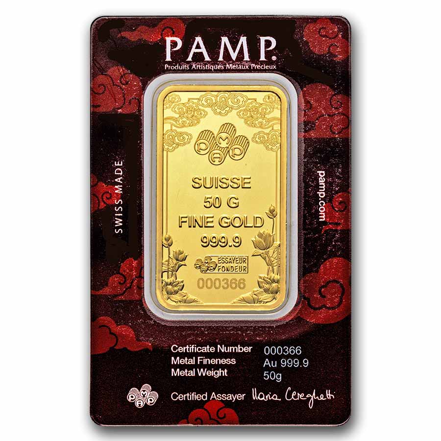 2025 50 gram Gold Bar – PAMP Good Luck Yellow Dragon (Assay)