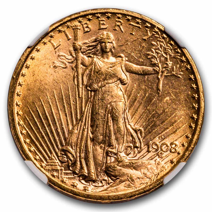 1908-D $20 St Gaudens Gold Double Eagle No Motto MS-64+ NGC
