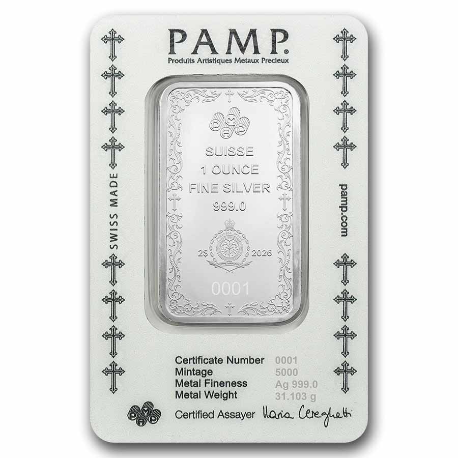 1 oz Silver Bar - PAMP Suisse (Cross of Christianity)