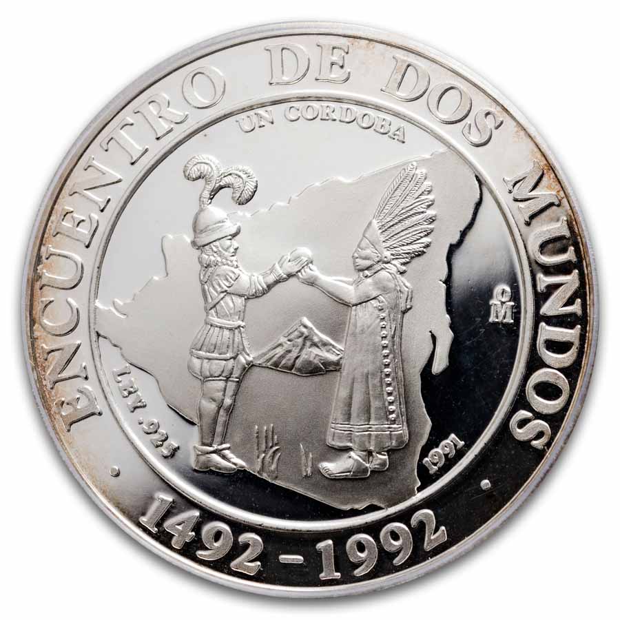 1991-Mo Nicaragua Proof Silver 1 Cordoba Two Worlds PR-67 PCGS