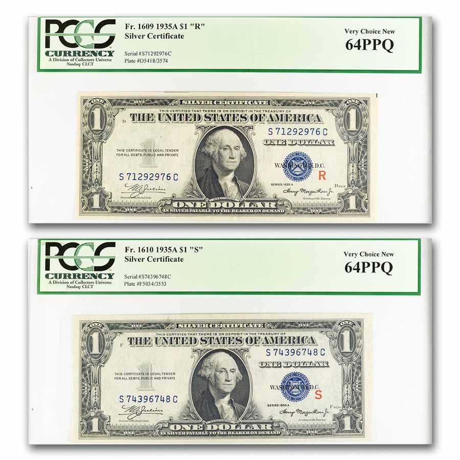1935-A $1 Silver Cert CU-64 PPQ PCGS (Fr#1609, 1610) Exper. Set