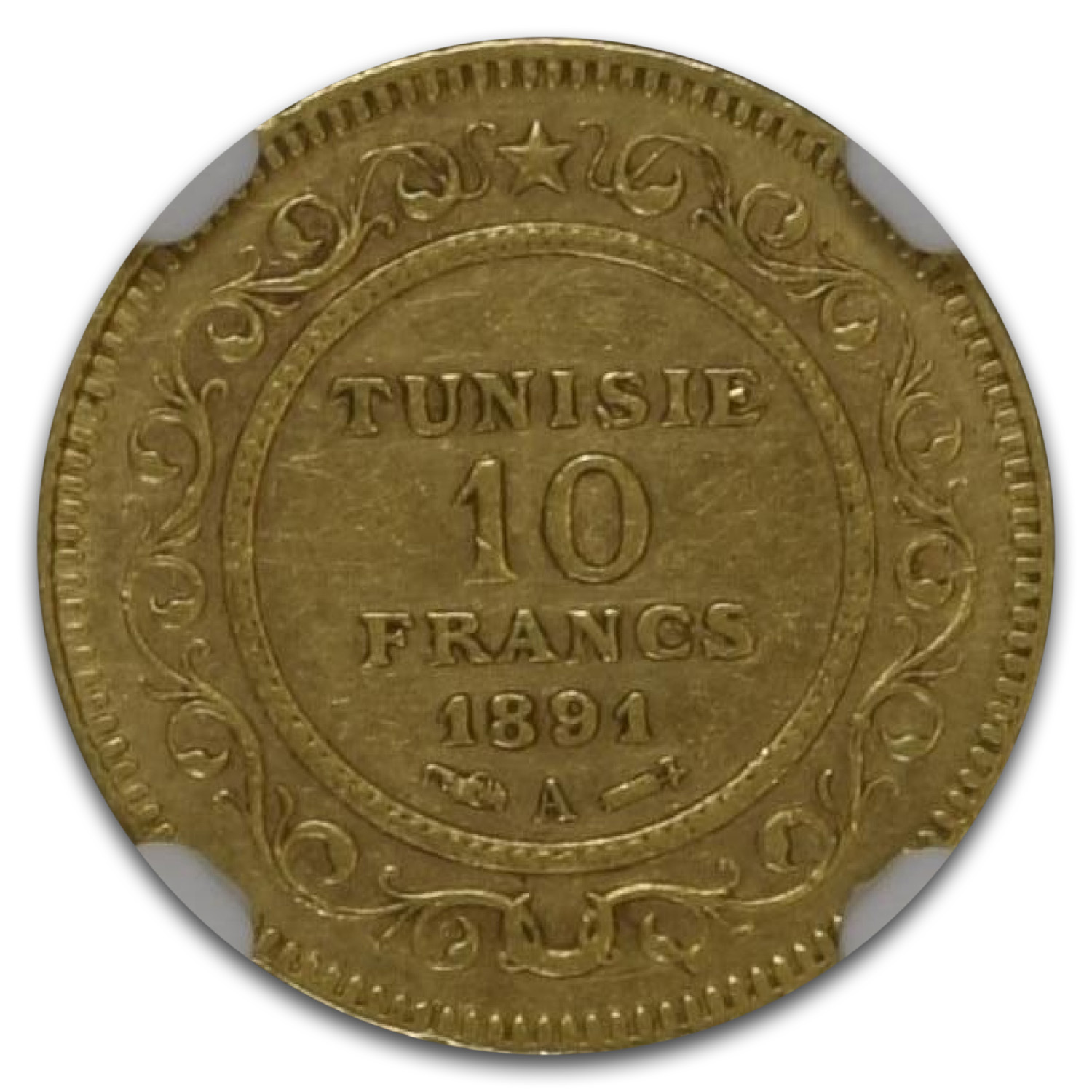 1891-A Tunisia Gold 10 Francs AU-55 NGC