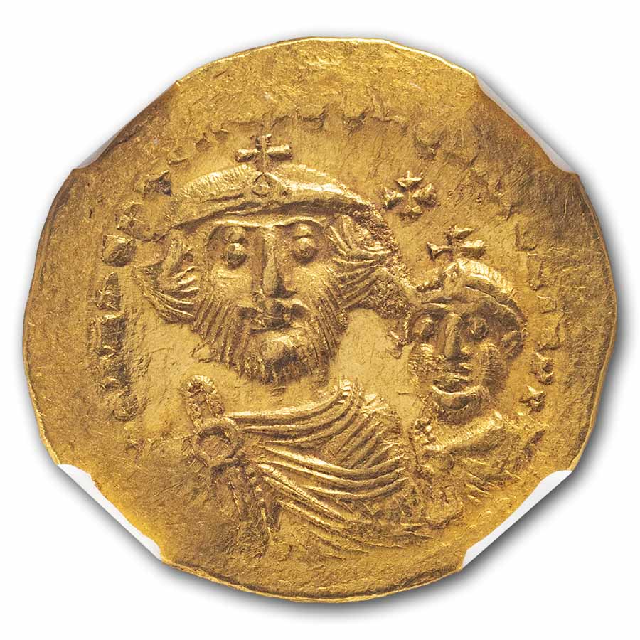 Byzantine AV Solidus Heraclius+Her. Cons (613-641 AD) Ch AU NGC