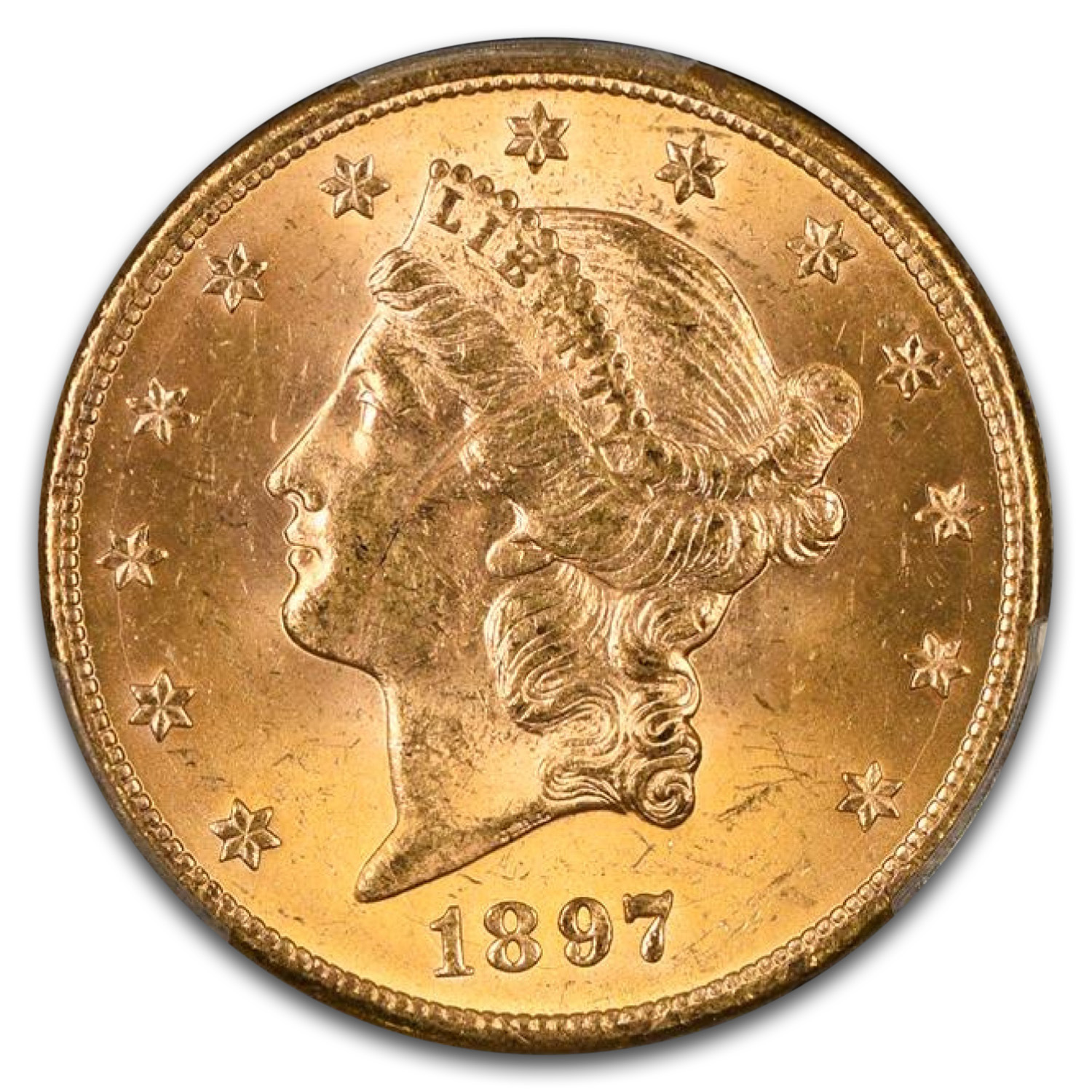 1897 $20 Liberty Gold Double Eagle MS-62 PCGS (Error Struck Thru)