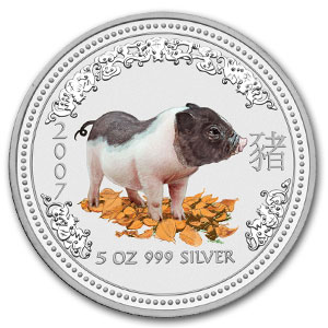 2007 Australia 5 oz Silver Year of the Pig BU (Colorized)
