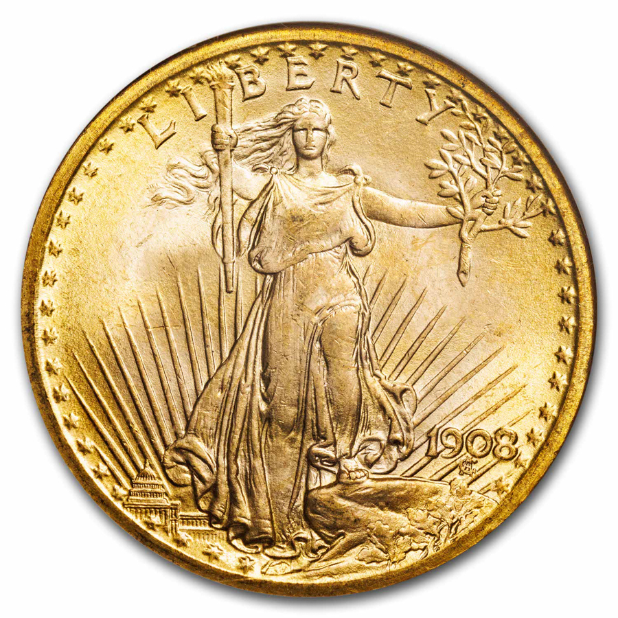 1908 $20 St Gaudens Gold No Motto MS-66 NGC
