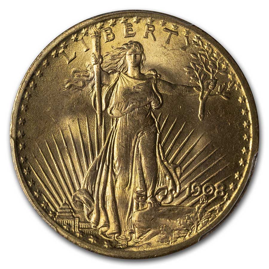 1908 $20 St Gaudens Gold No Motto MS-65 PCGS (Wells Fargo)