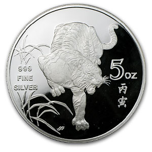 1986 Singapore 5 oz Silver Tiger Proof (no box or COA)