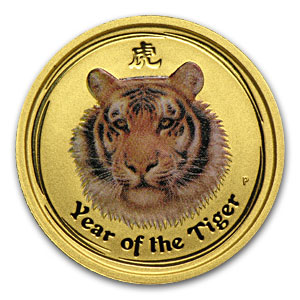 2010 Australia 1/10 oz Gold Lunar Tiger BU (SII, Colorized)