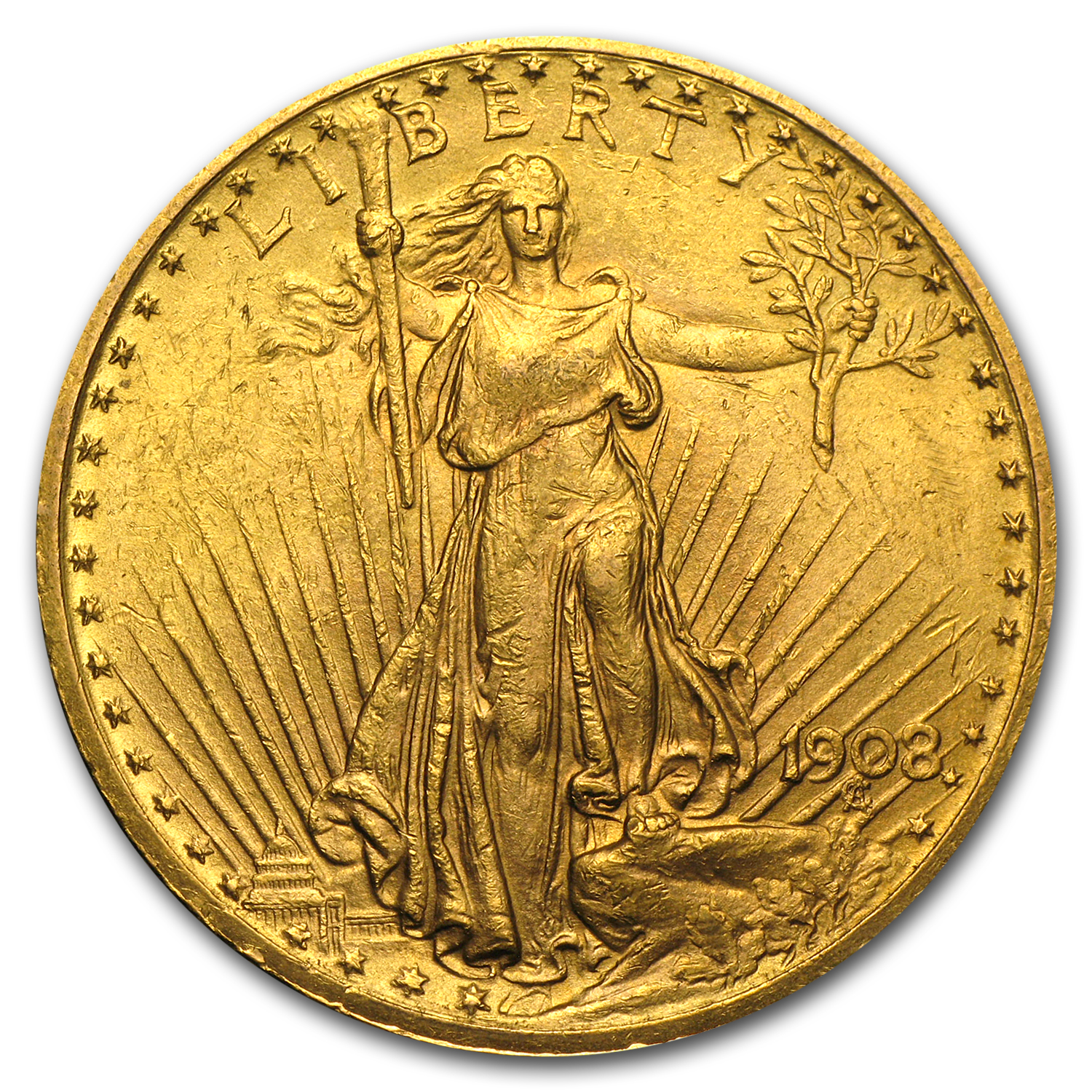 1908 $20 St Gaudens Gold Double Eagle w/Motto AU