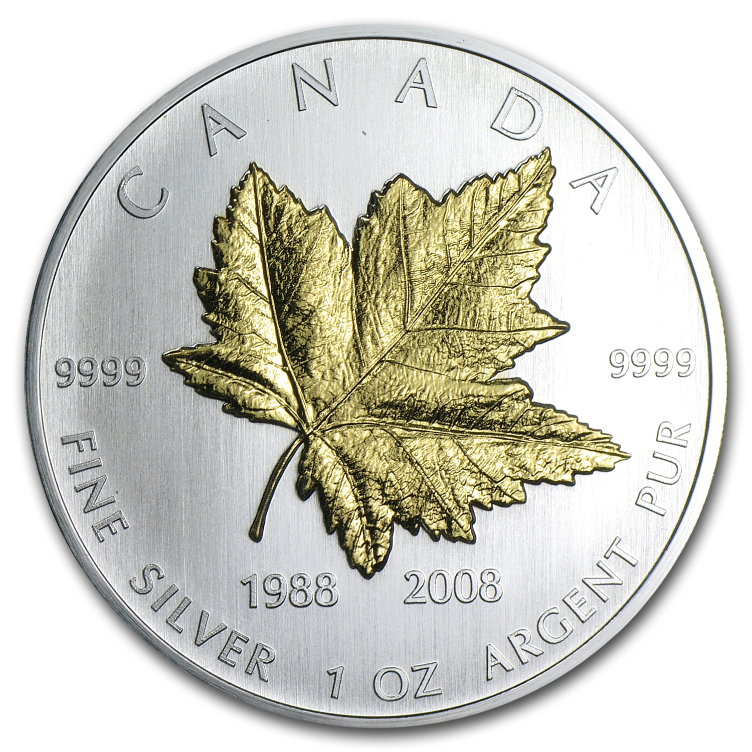2008 Canada 1 oz Silver $5 Maple Leaf 20th Anniversary (Gilded)