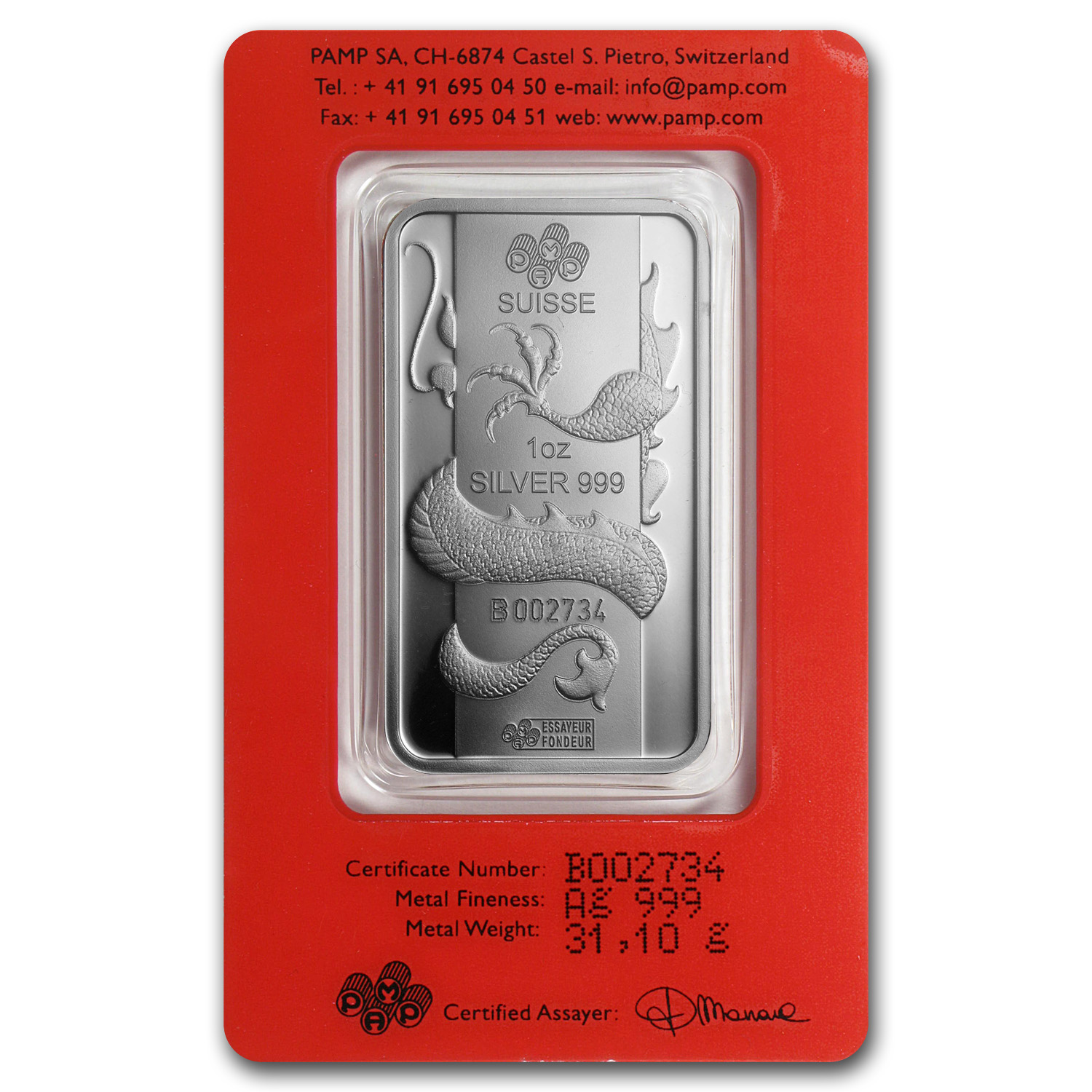 1 oz Silver Bar - PAMP Suisse (Year of the Dragon)