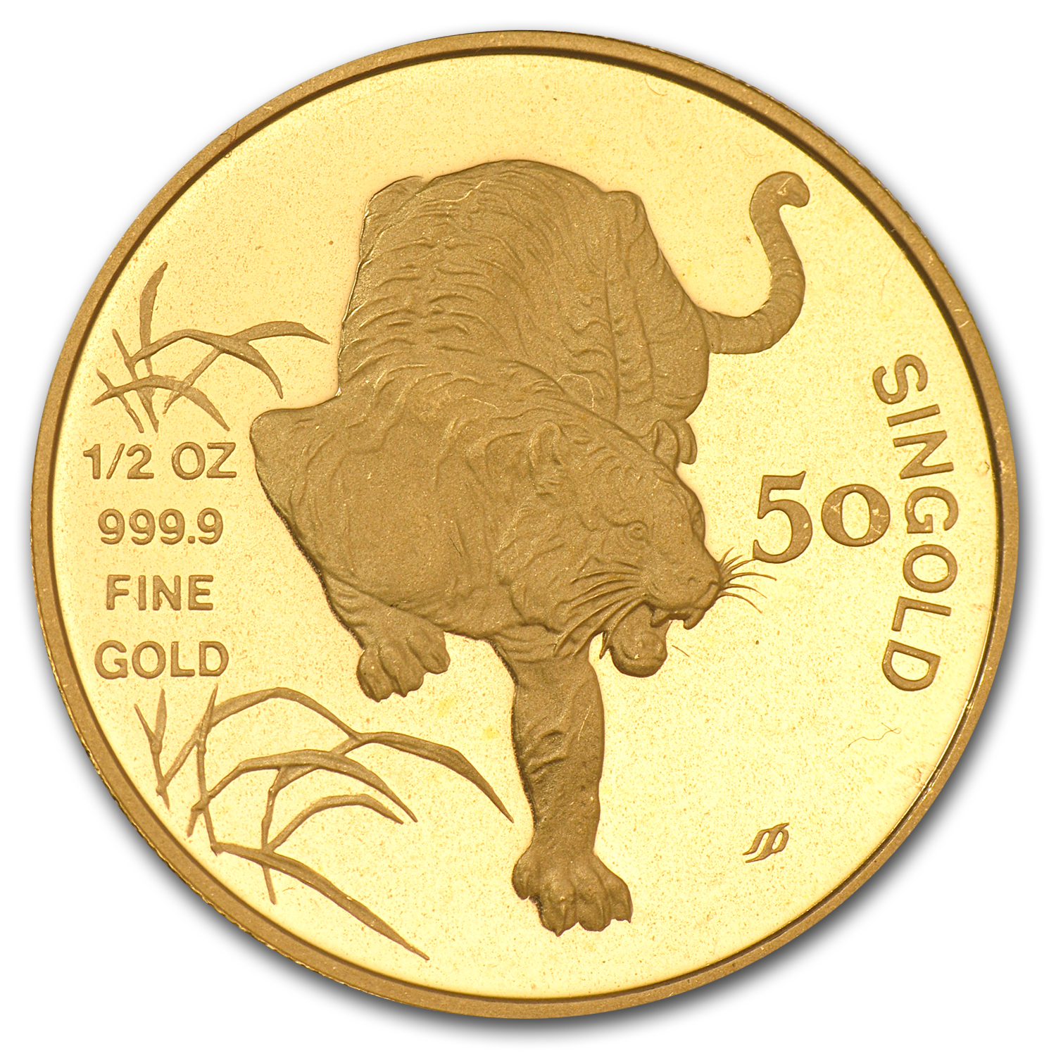 1986 Singapore 1/2 oz Gold 50 Singold Tiger BU