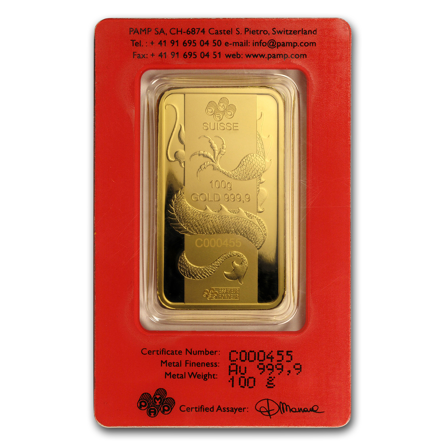 2012 100 gram Gold Bar- PAMP Suisse Year of the Dragon (In Assay)