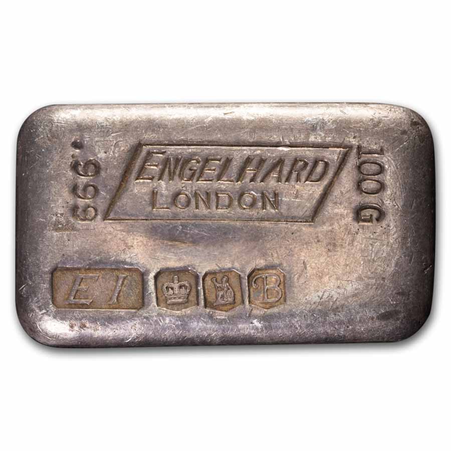 100 gram Silver Bar - Engelhard (London/Crown/Britannia/'B')
