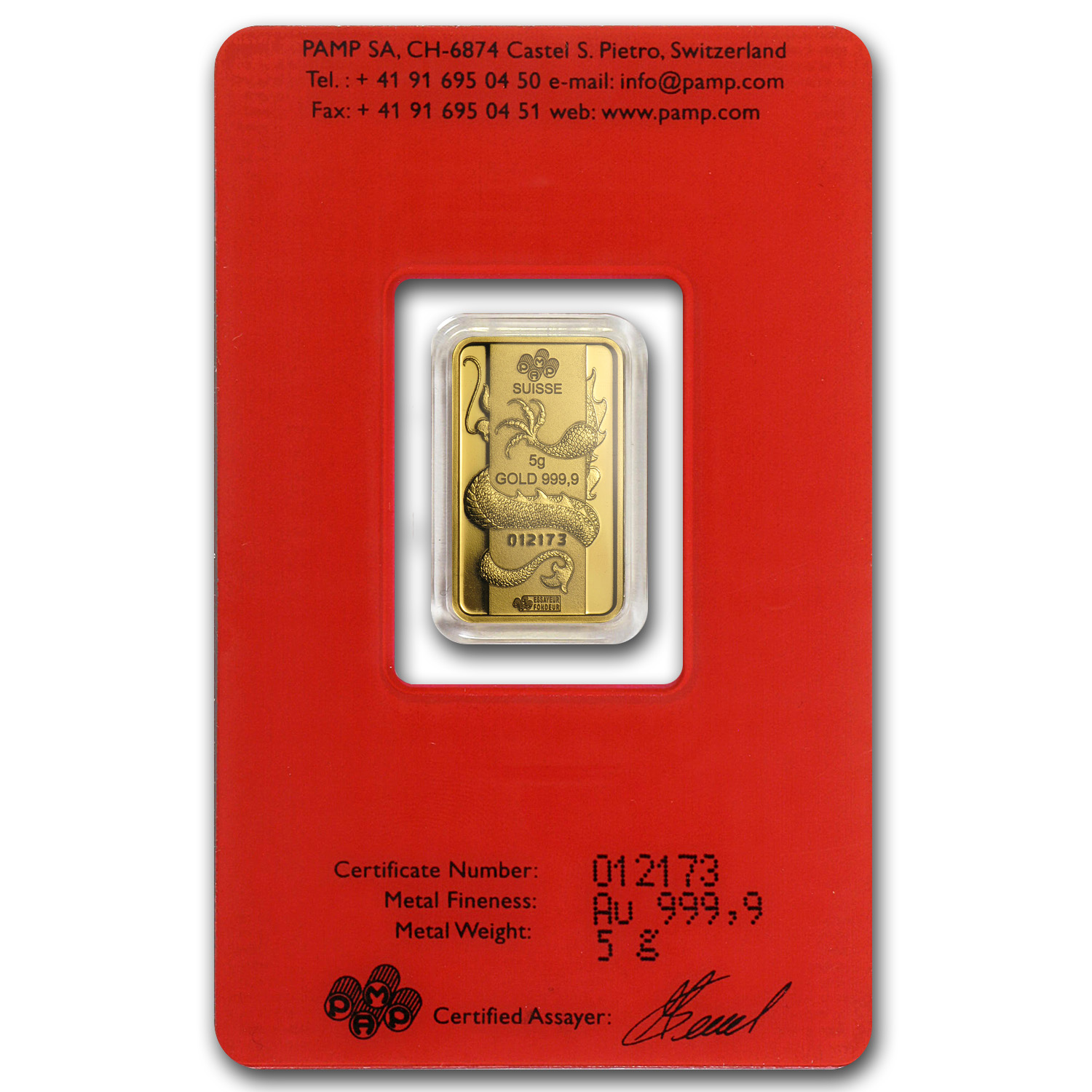 2012 5 gram Gold Bar - PAMP Suisse Year of the Dragon (In Assay)