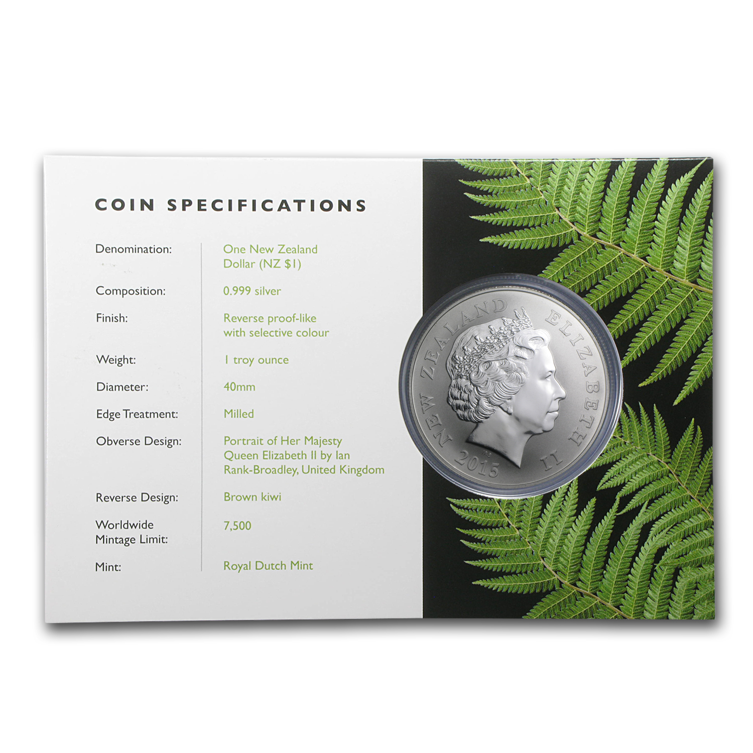 2015 New Zealand 1 oz Silver Specimen $1 Kiwi (In Display Card)
