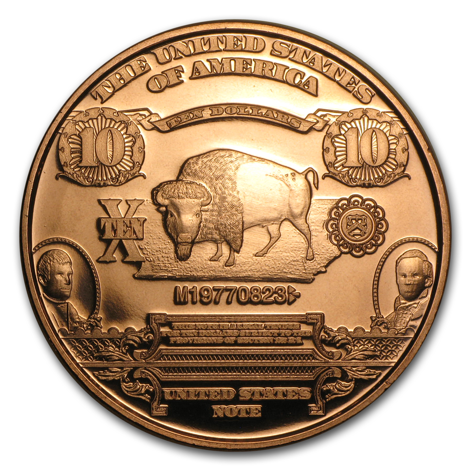 1 oz Copper Round - $10 Bison Banknote Replica