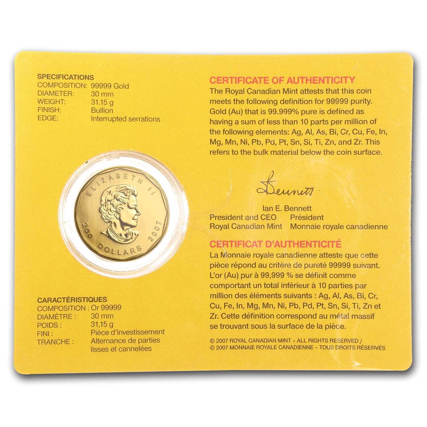 2007 Canada 1 oz Gold Maple Leaf .99999 BU (w/Damaged Assay Card)