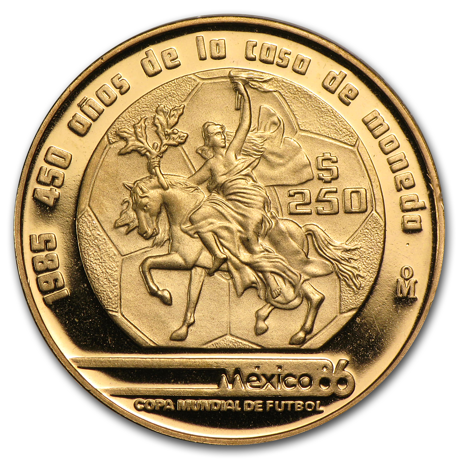 1985 Mexico Proof Gold 250 Pesos World Cup Caballito Design
