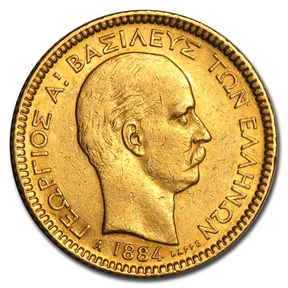 1884-A Greece Gold 20 Drachmai George I AU