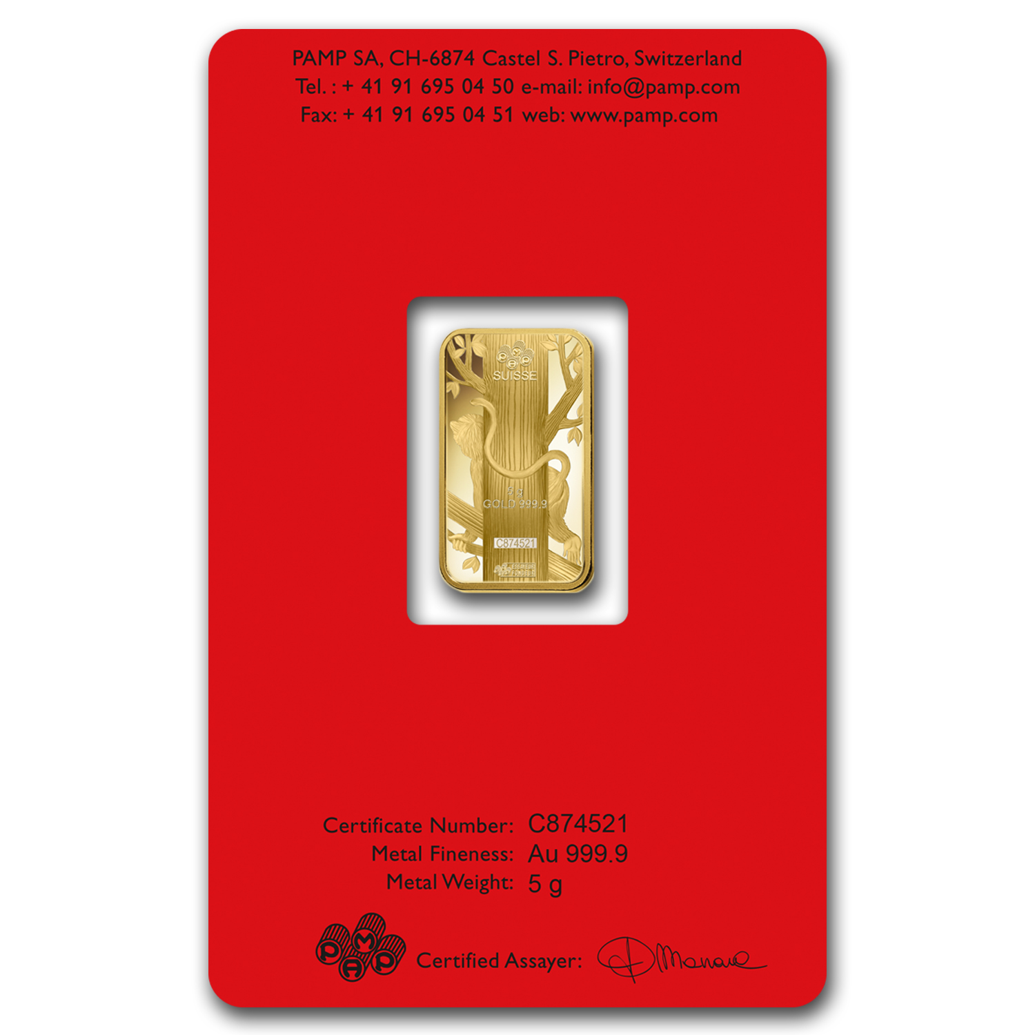 2016 5 gram Gold Bar - PAMP Suisse Year of the Monkey (In Assay)