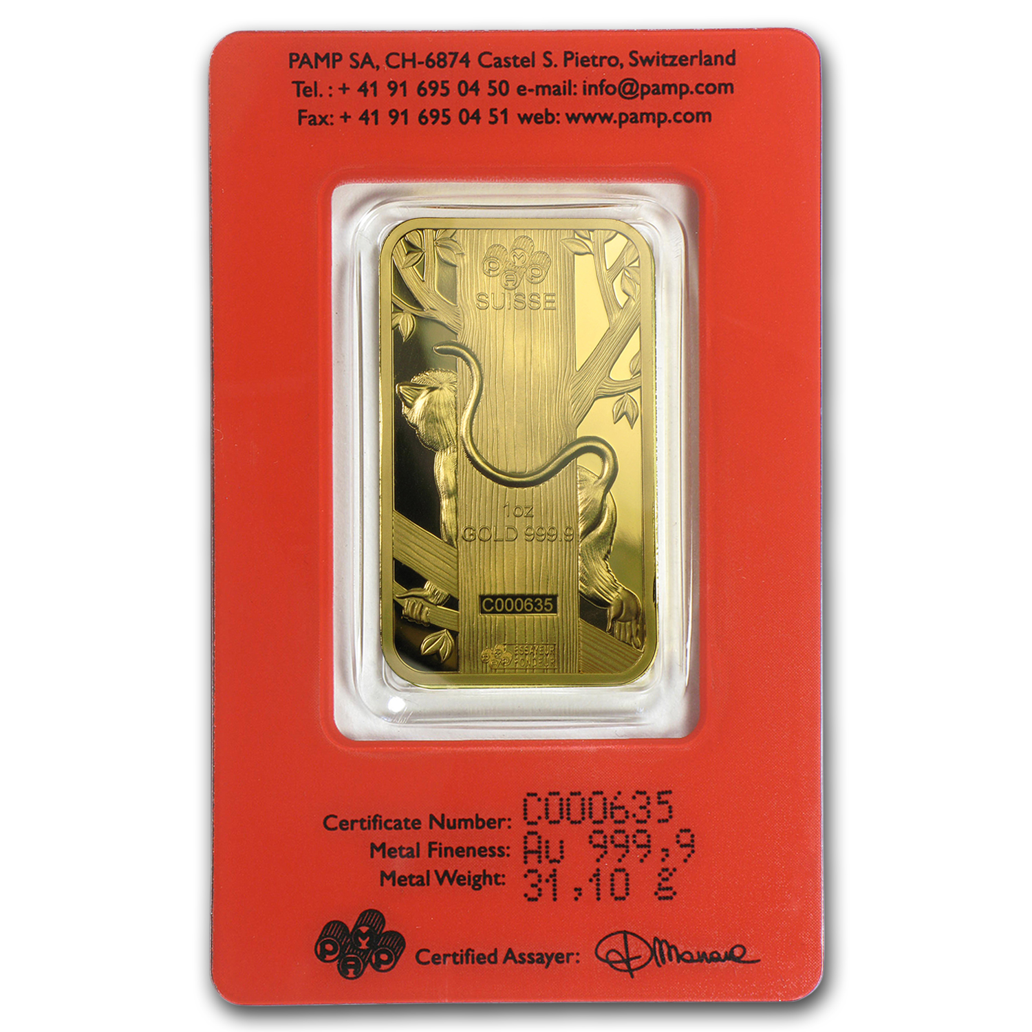2016 1 oz Gold Bar - PAMP Suisse Year of the Monkey (In Assay)