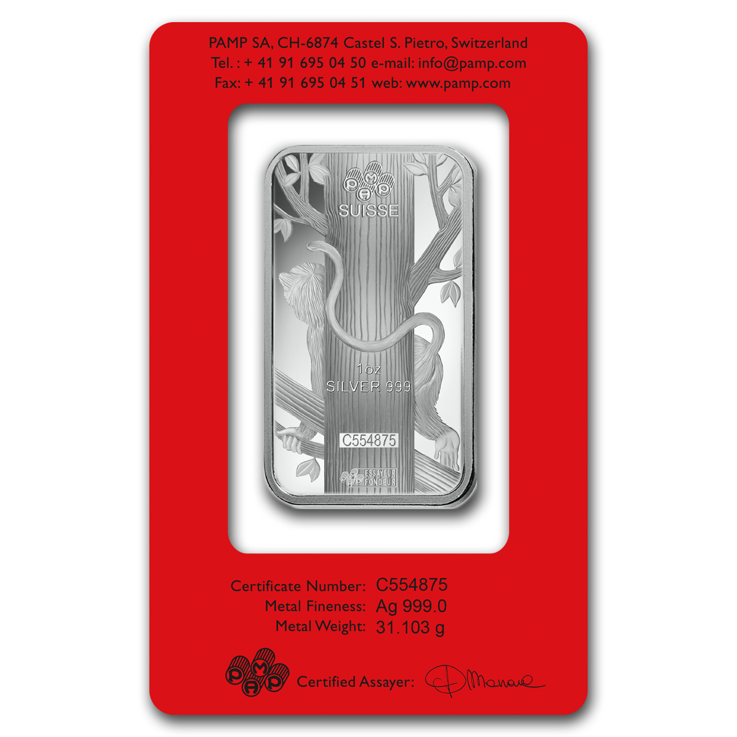 1 oz Silver Bar - PAMP Suisse (Year of the Monkey)