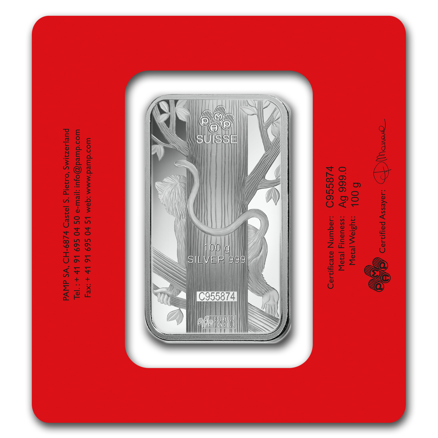 100 gram Silver Bar - PAMP Suisse (Year of the Monkey)
