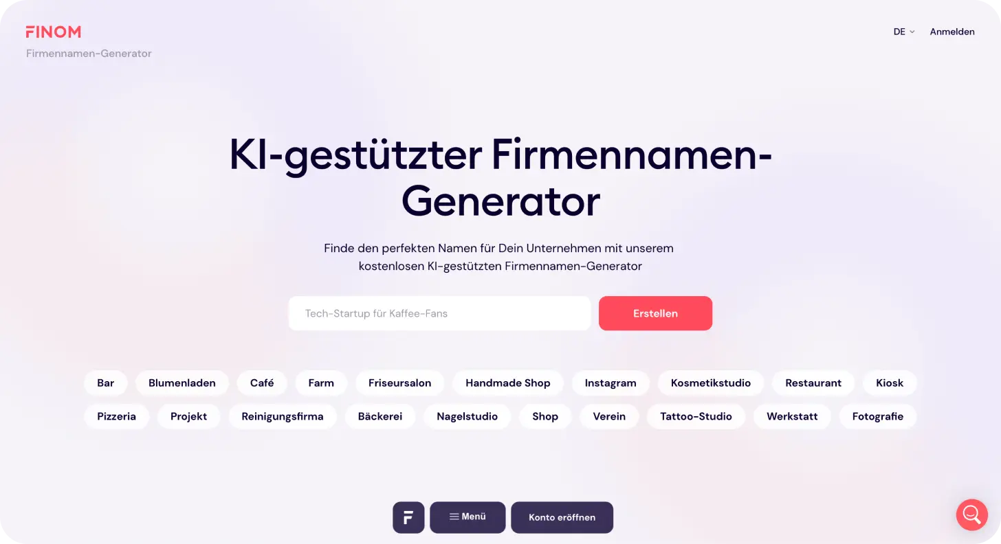 Finom Firmennamen-Generator. Finden Sie einen Namen für Ihr Unternehmen!