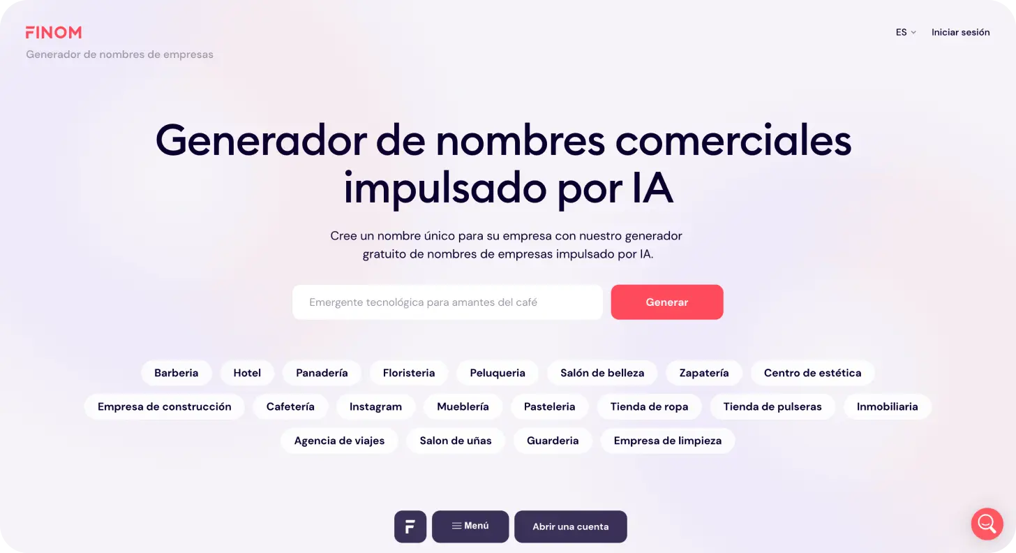 Generador de nombres de empresa Finom. ¡Encuentre un nombre para su empresa!