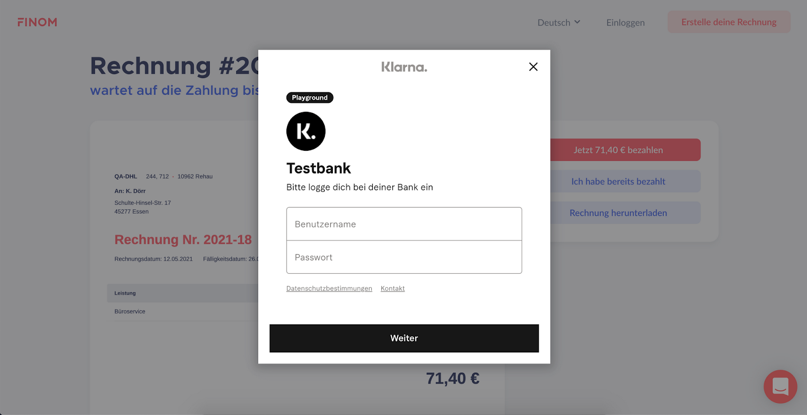 Rechnungen in Finom mit Klarna bezahlen Anleitung