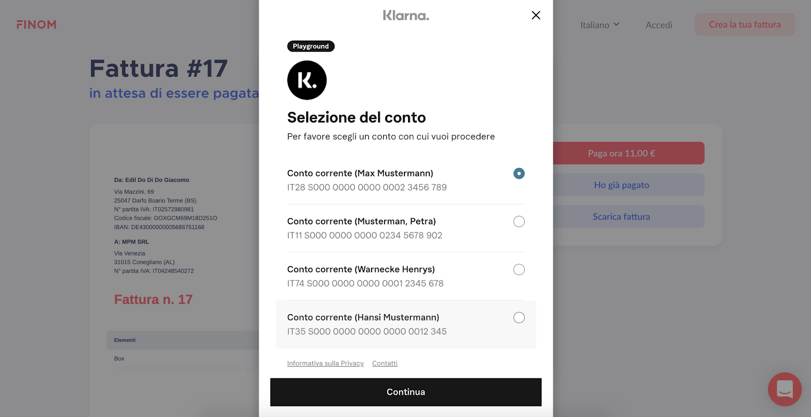 Pagamento rapido delle fatture in Finom con Klarna