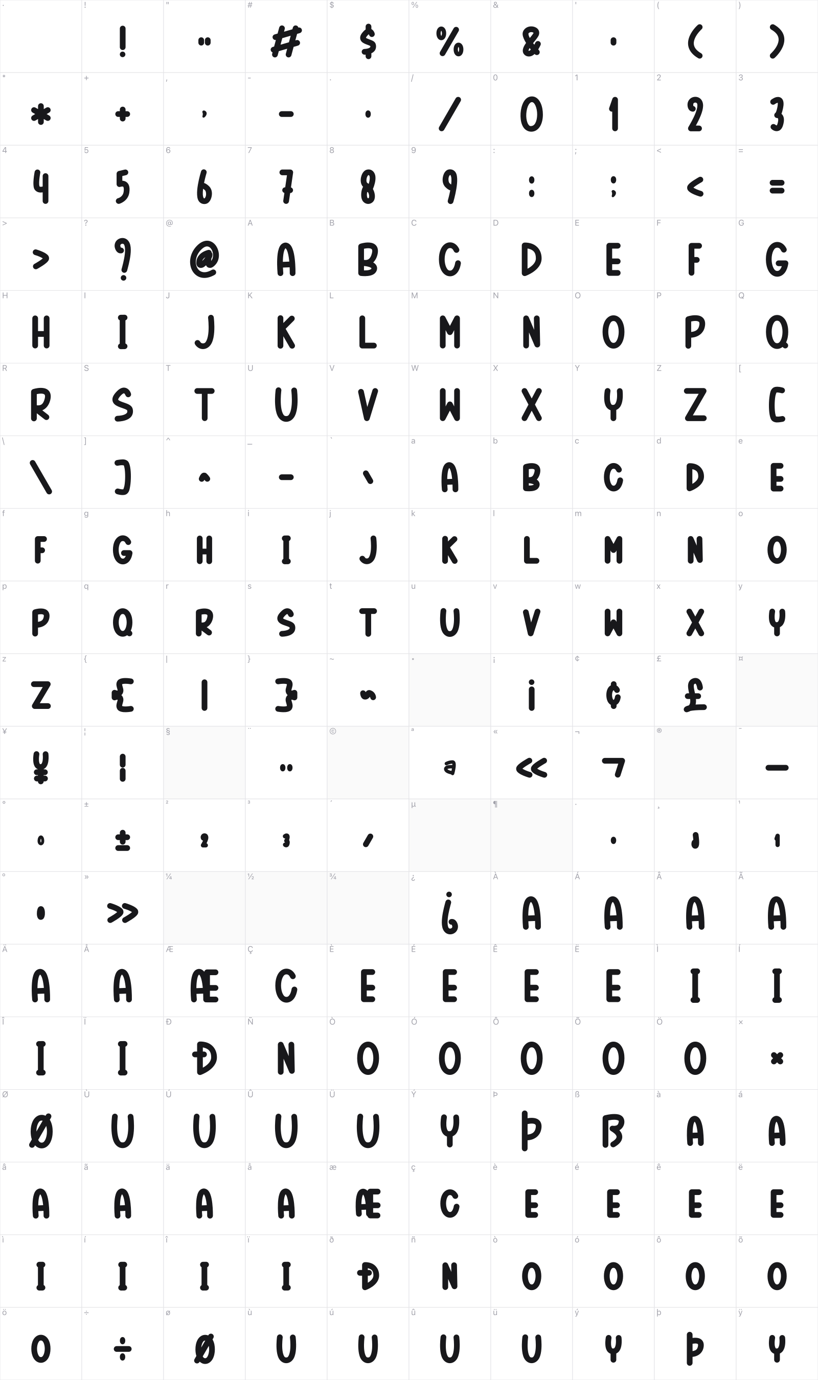 Amelia Heart glyph table