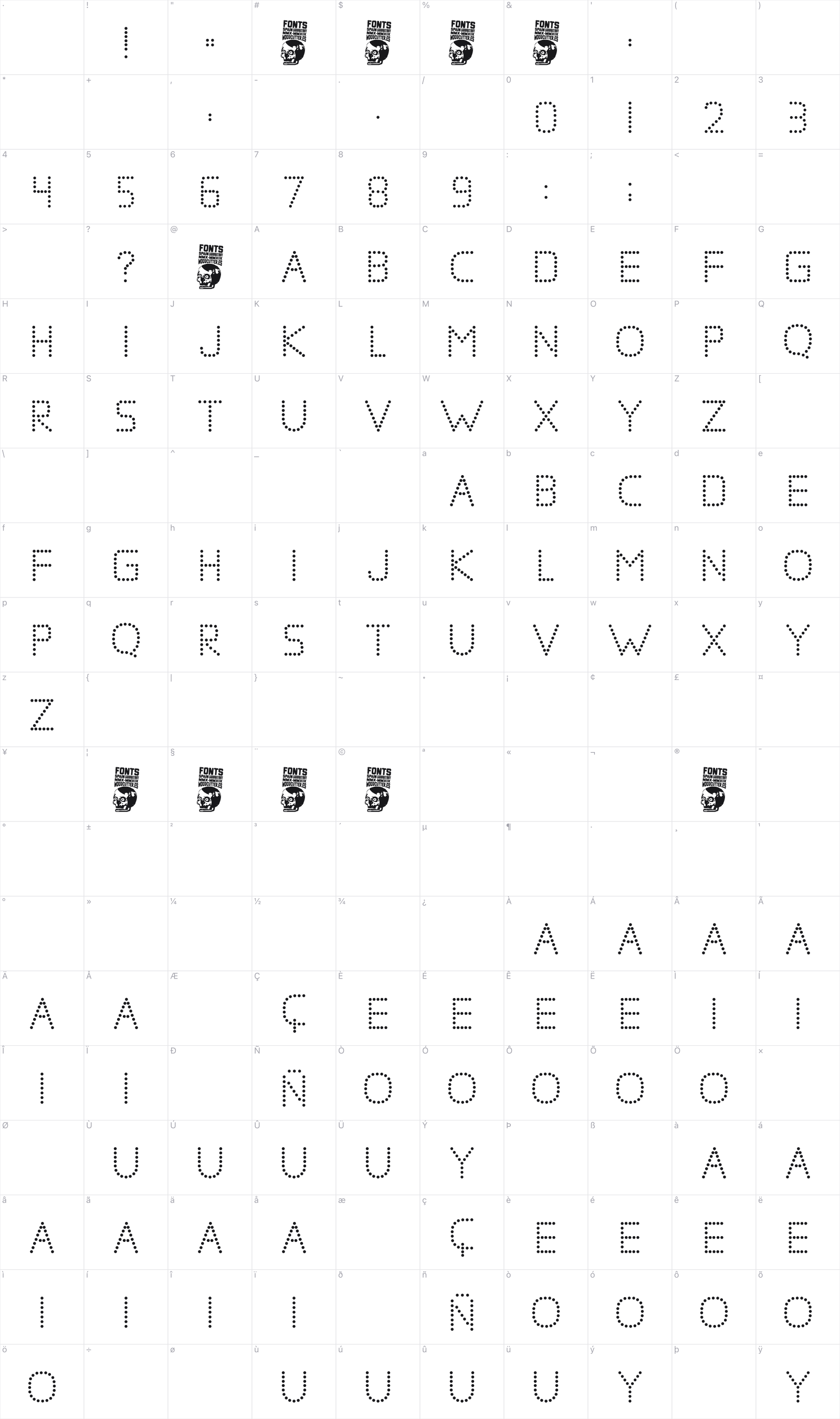 Estreno glyph table