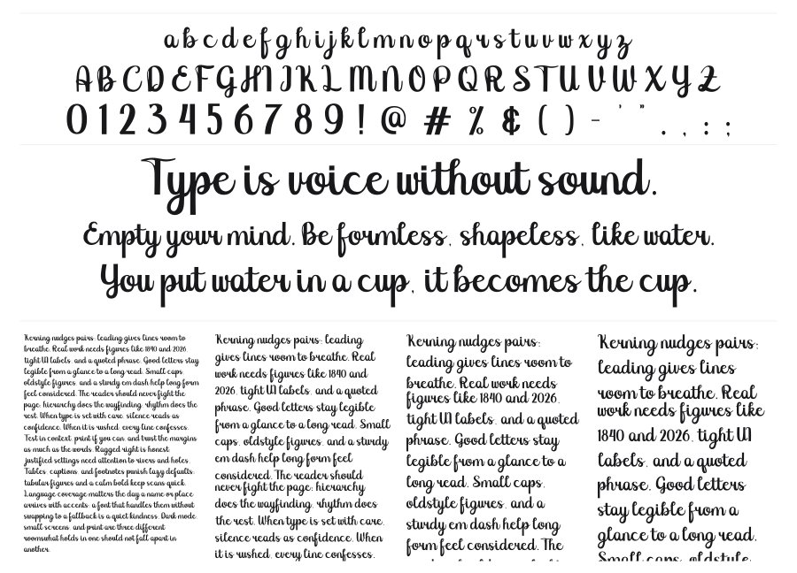 Ayesha specimen sheet