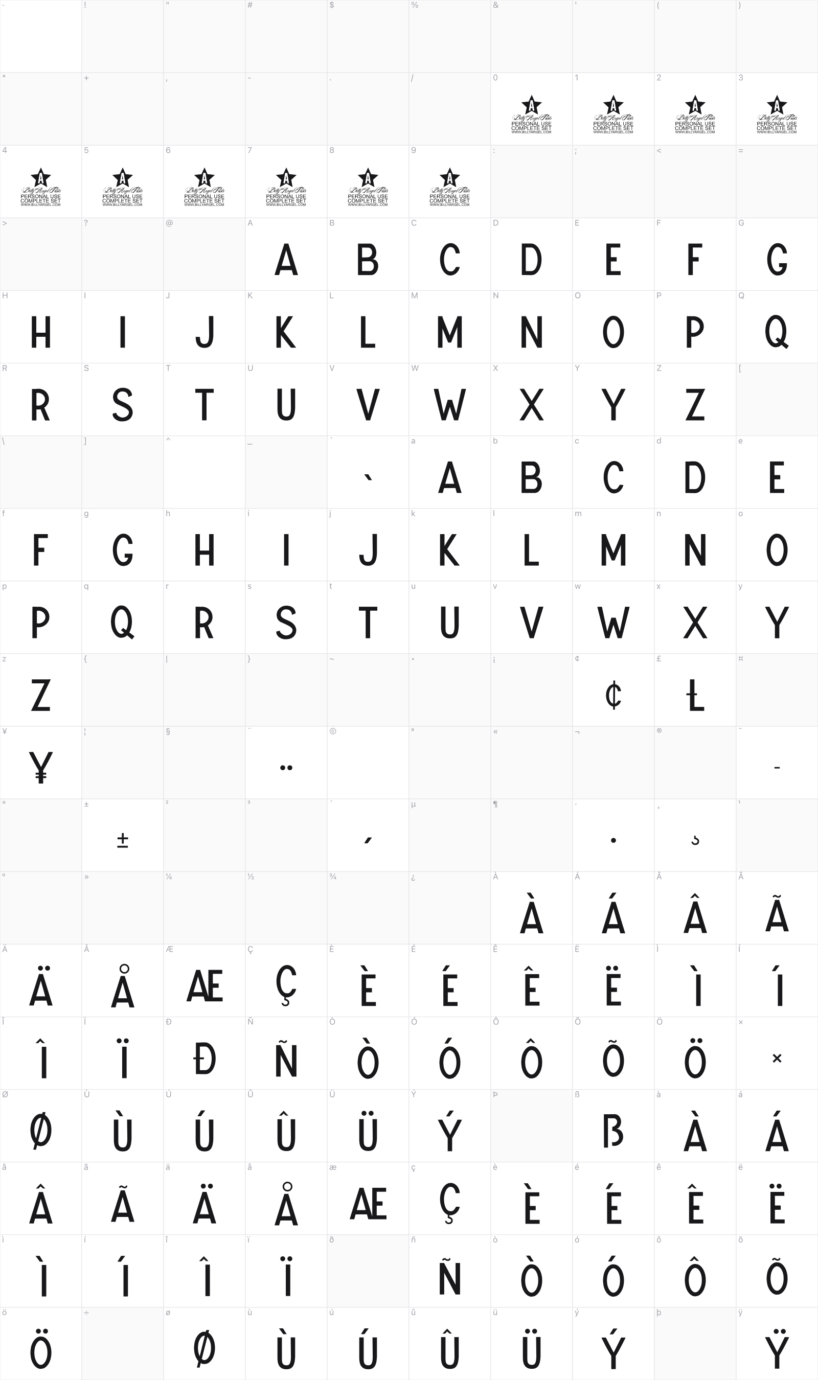 Universal Sans glyph table