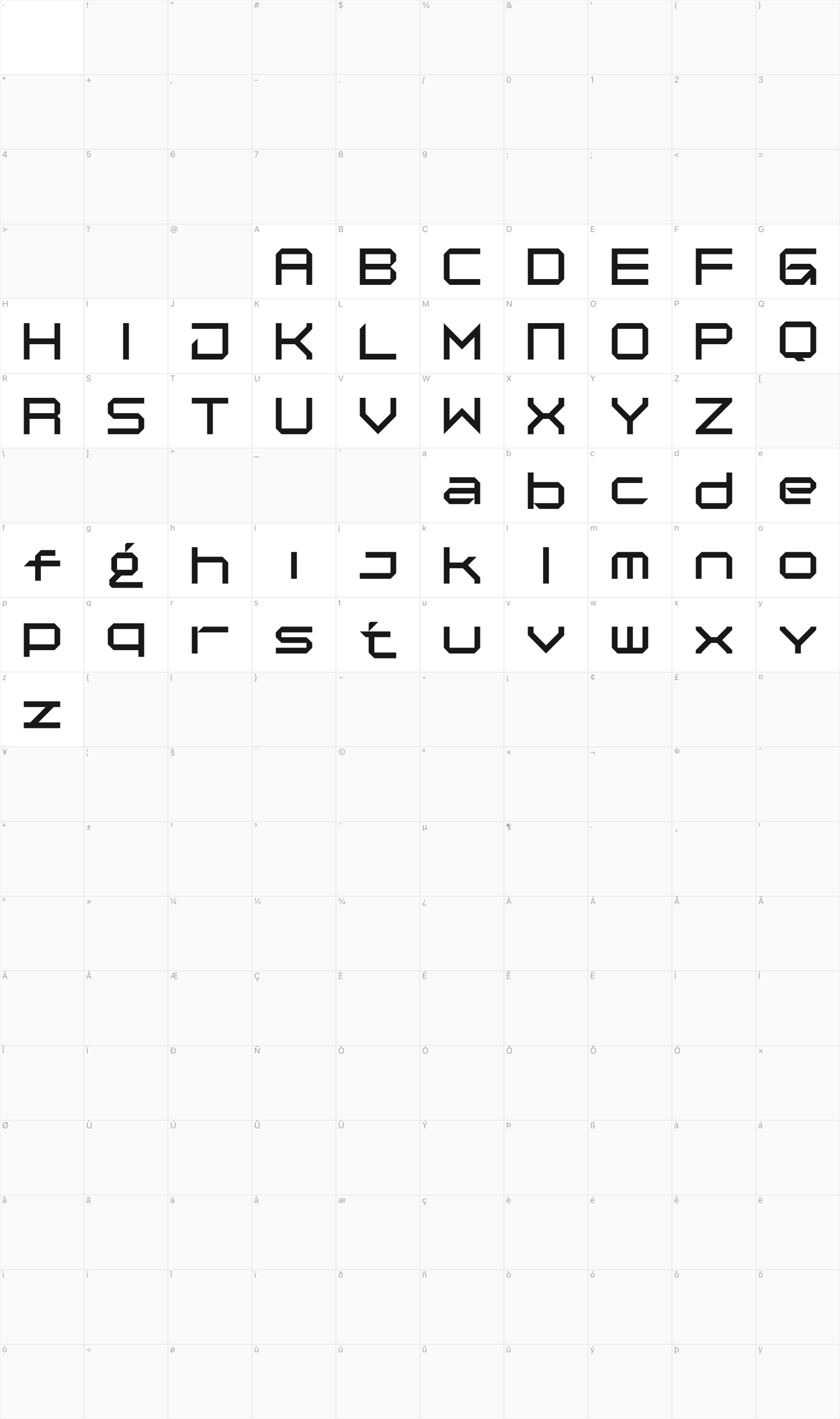 Jx Tabe glyph table