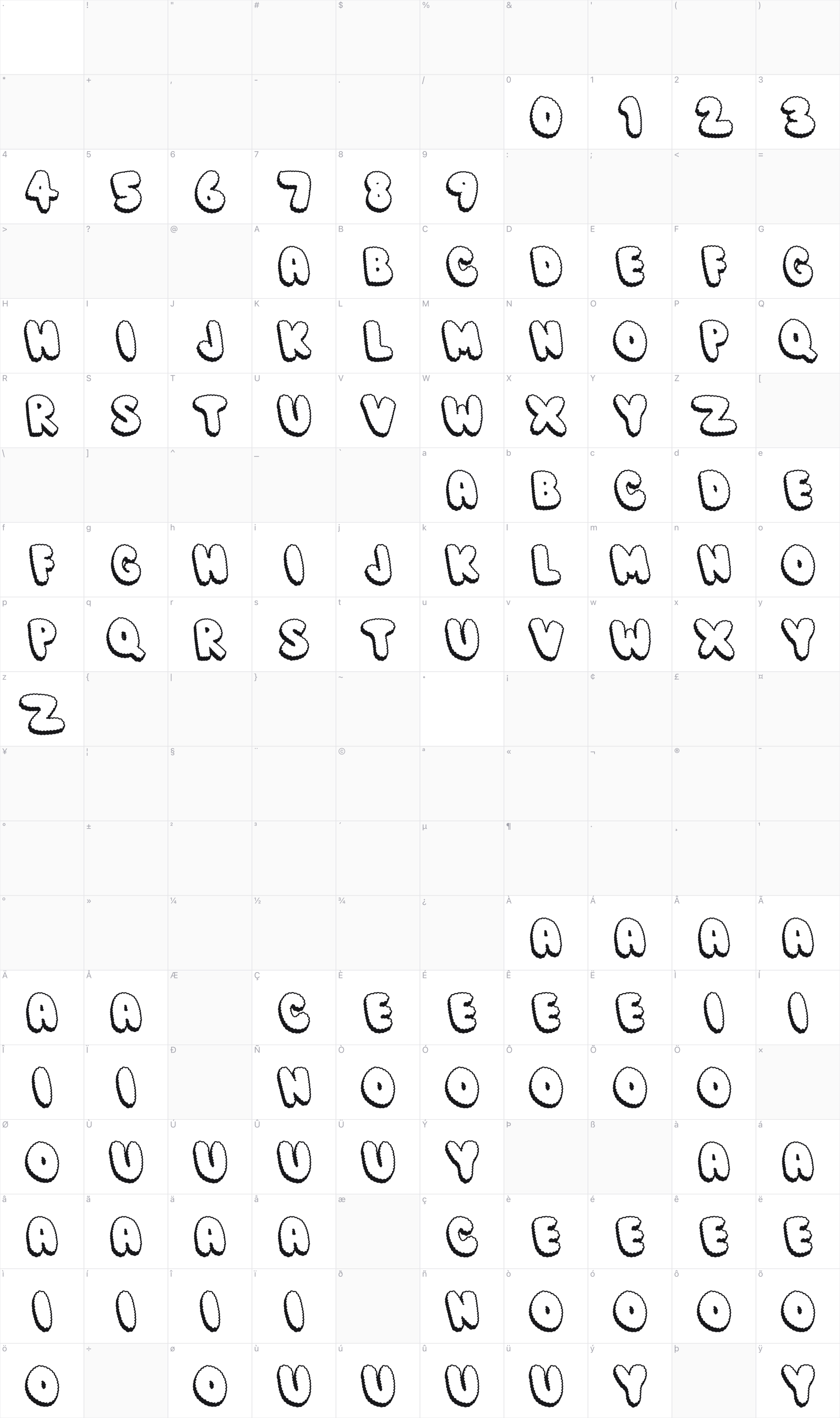 Pick Pock glyph table