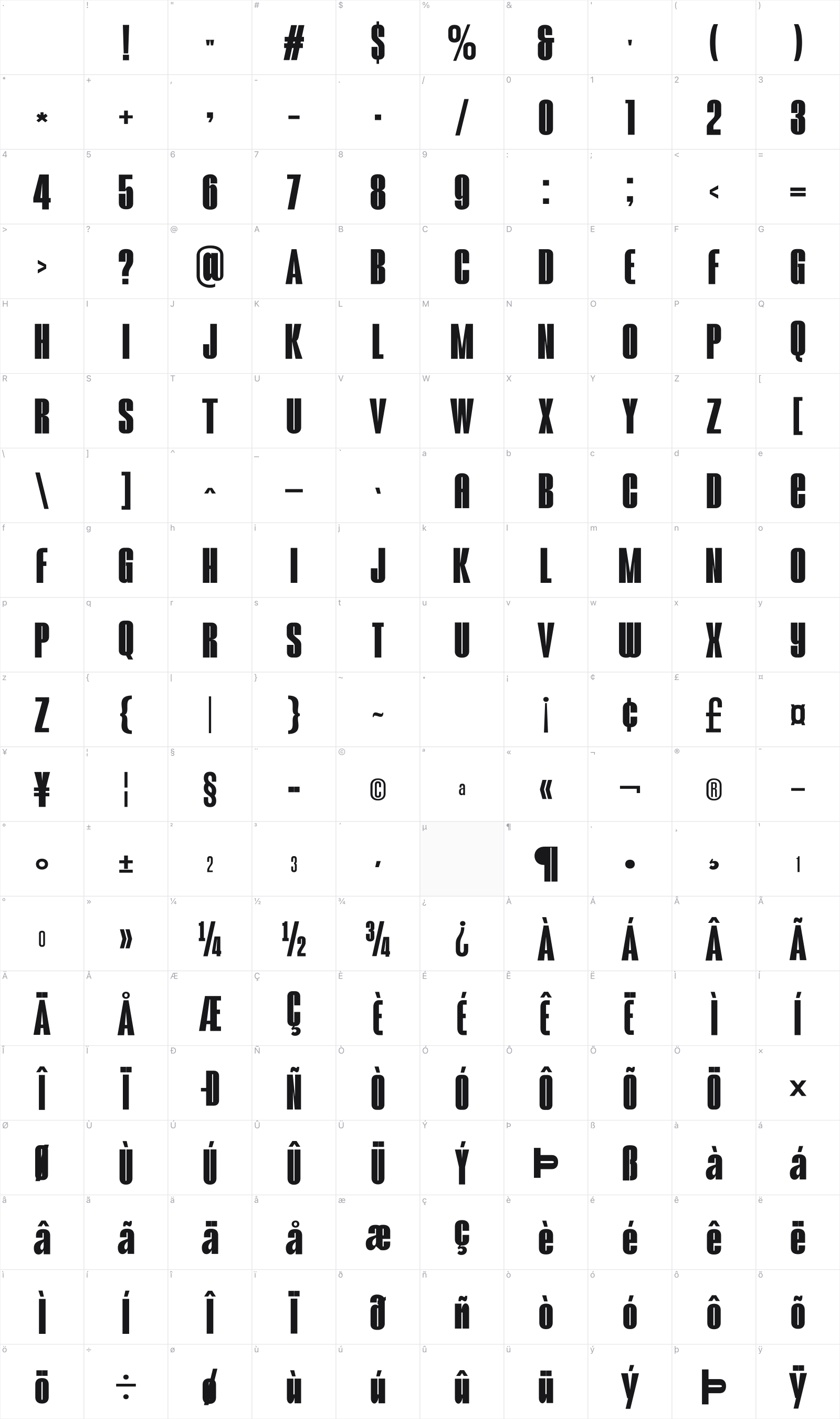 Slicky Bohem glyph table