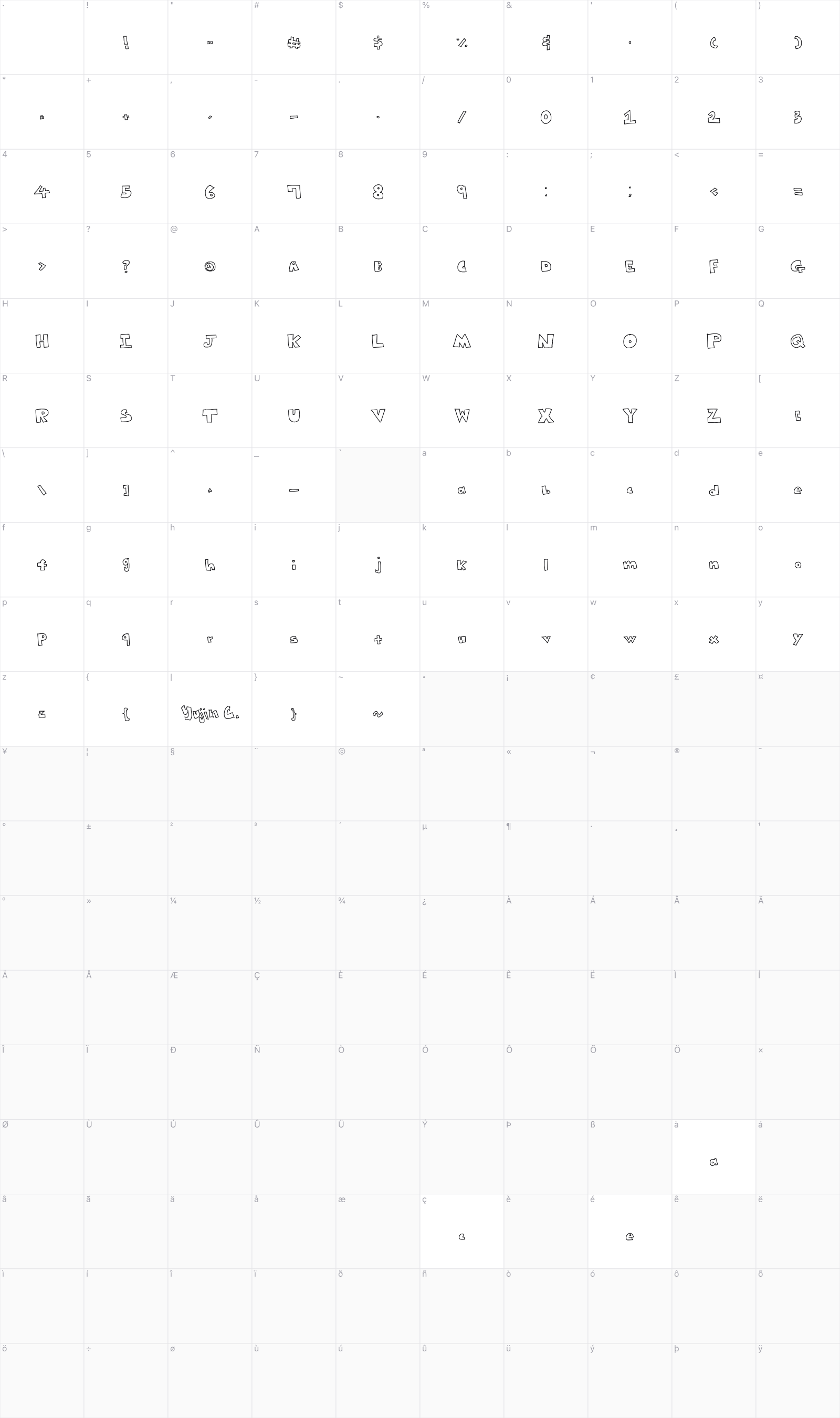 Yujin Bubbles glyph table