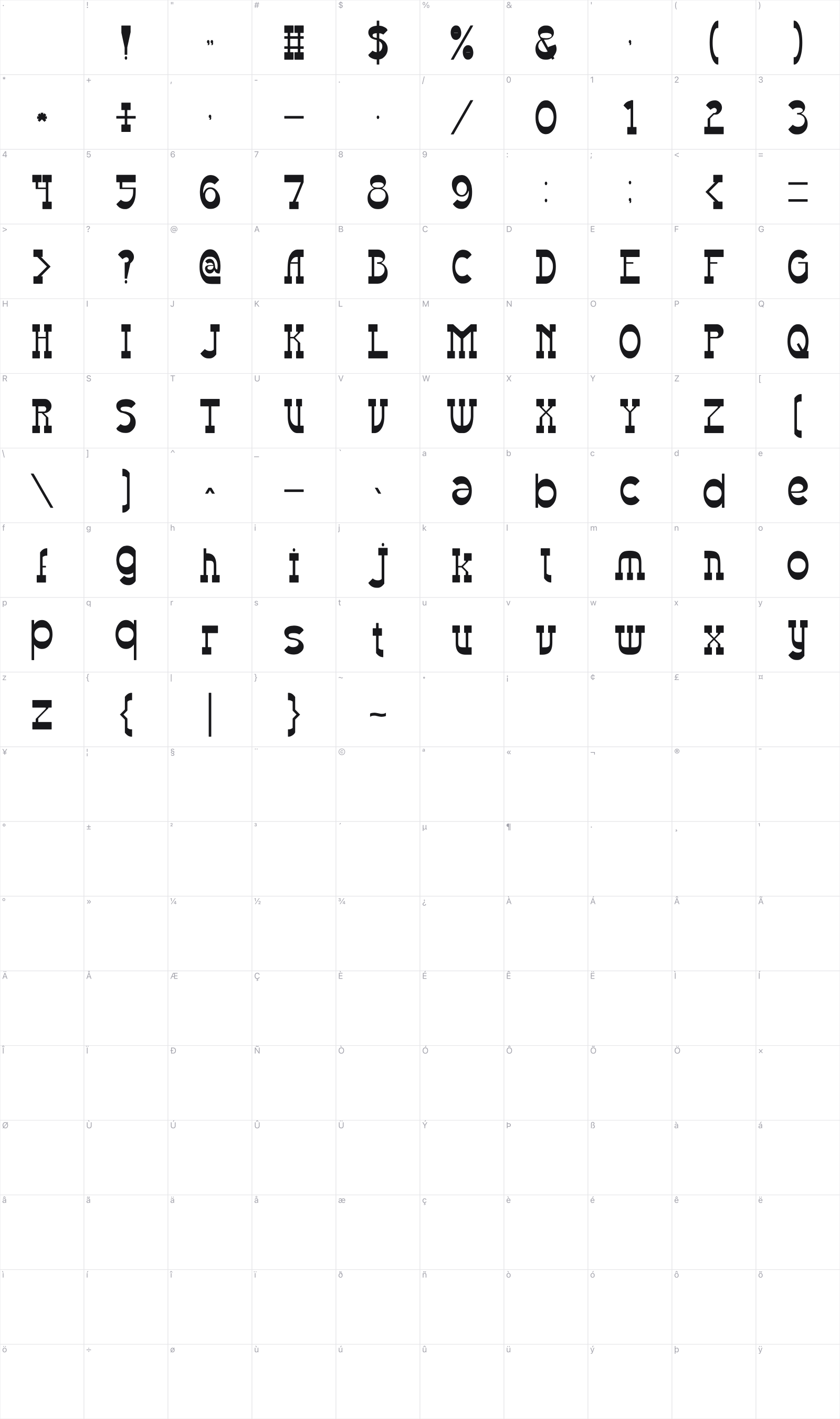 Western Eastern glyph table