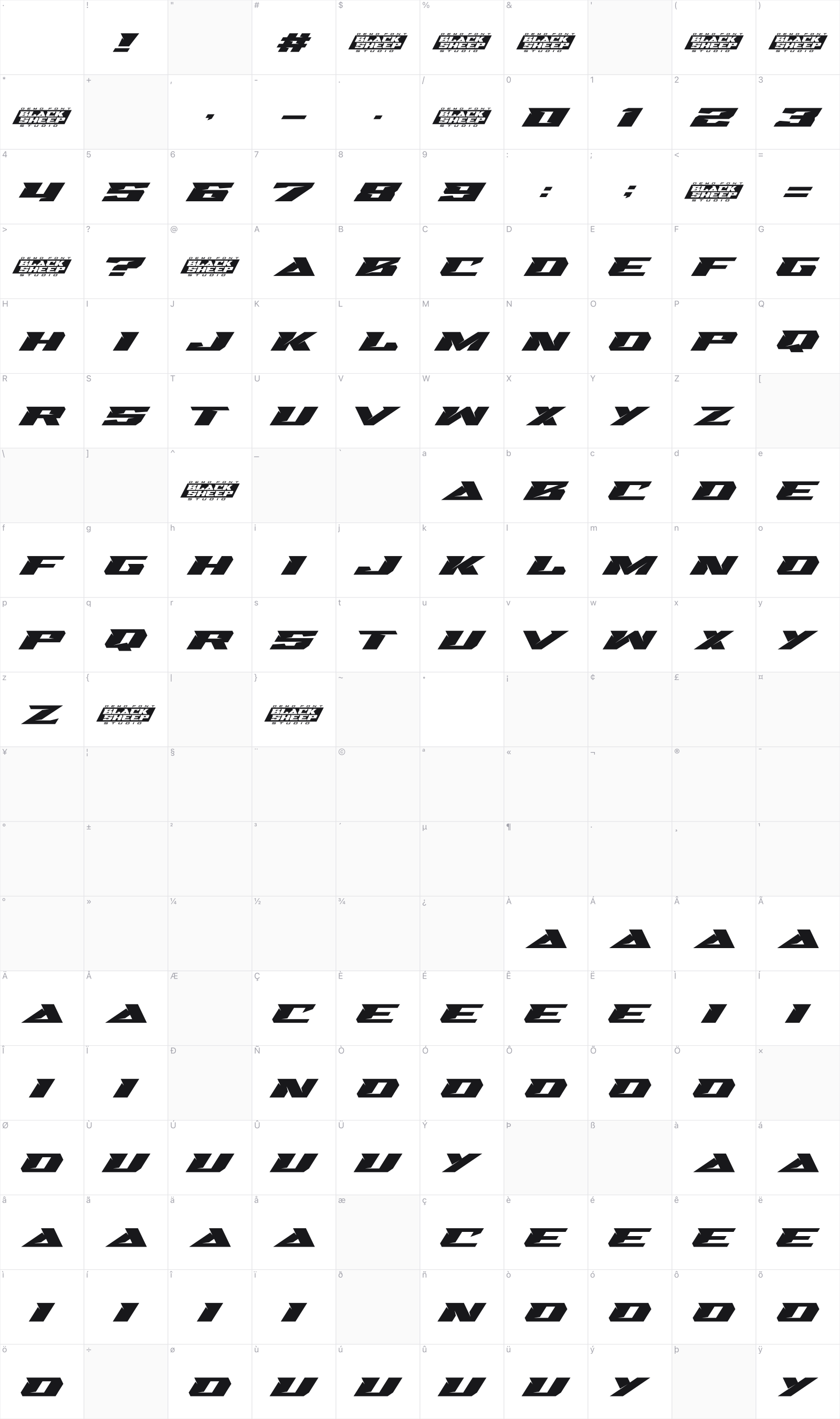 Swipe Race glyph table