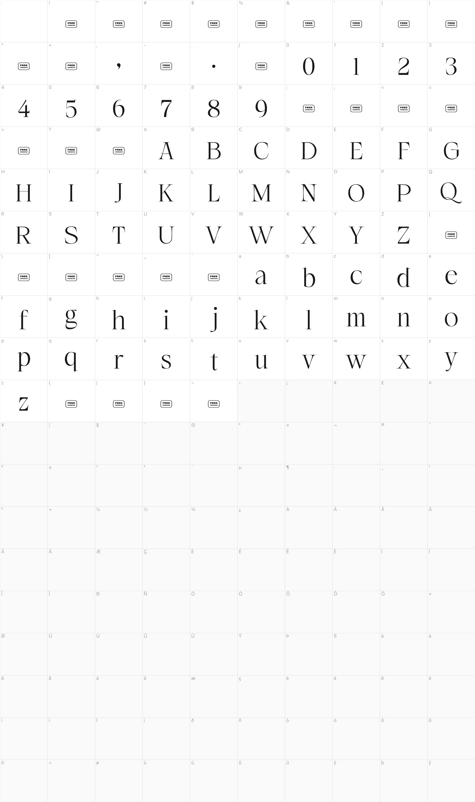 Glamore glyph table