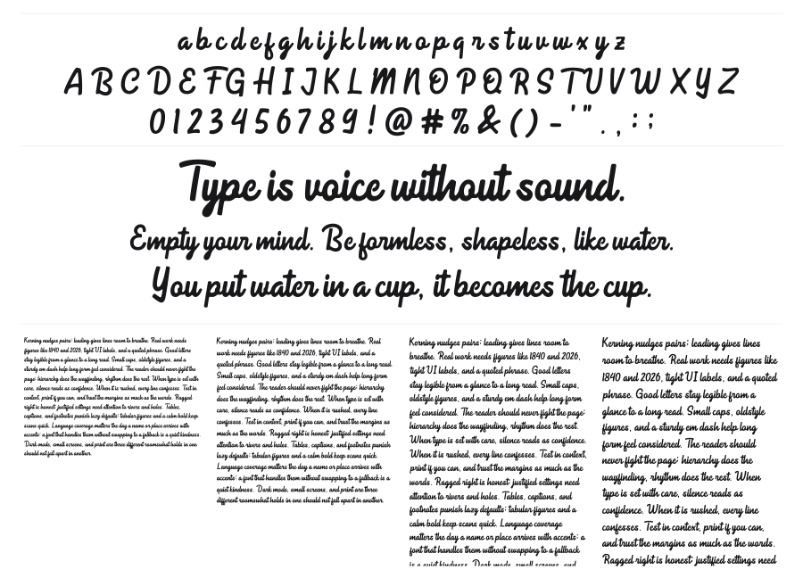 Calmine Script specimen sheet
