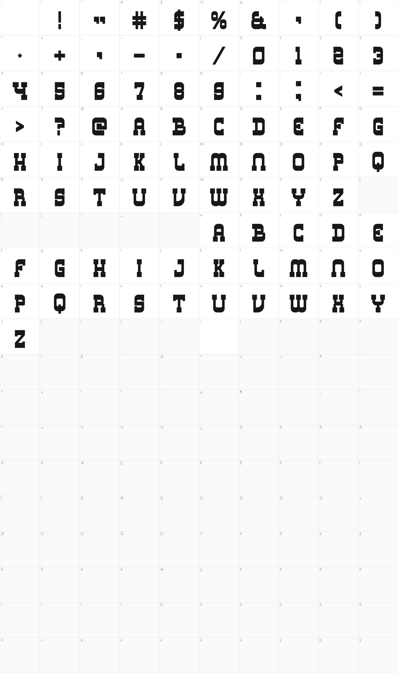 Los Banditos Serif glyph table